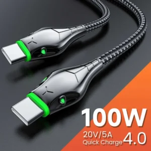 كيبل USB-C قابل للسحب 100 واط — طول 1 متر — كيبل قابل للسحب يشحن بسرعة 100 واط وينتهي بنفسه، مثالي للسيارة والحقيبة.