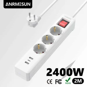 مشترك كهرباء 3 مقابس و3 USB — مشترك كهرباء 3 مقابس و3 USB مع حماية من تقلب التيار.
